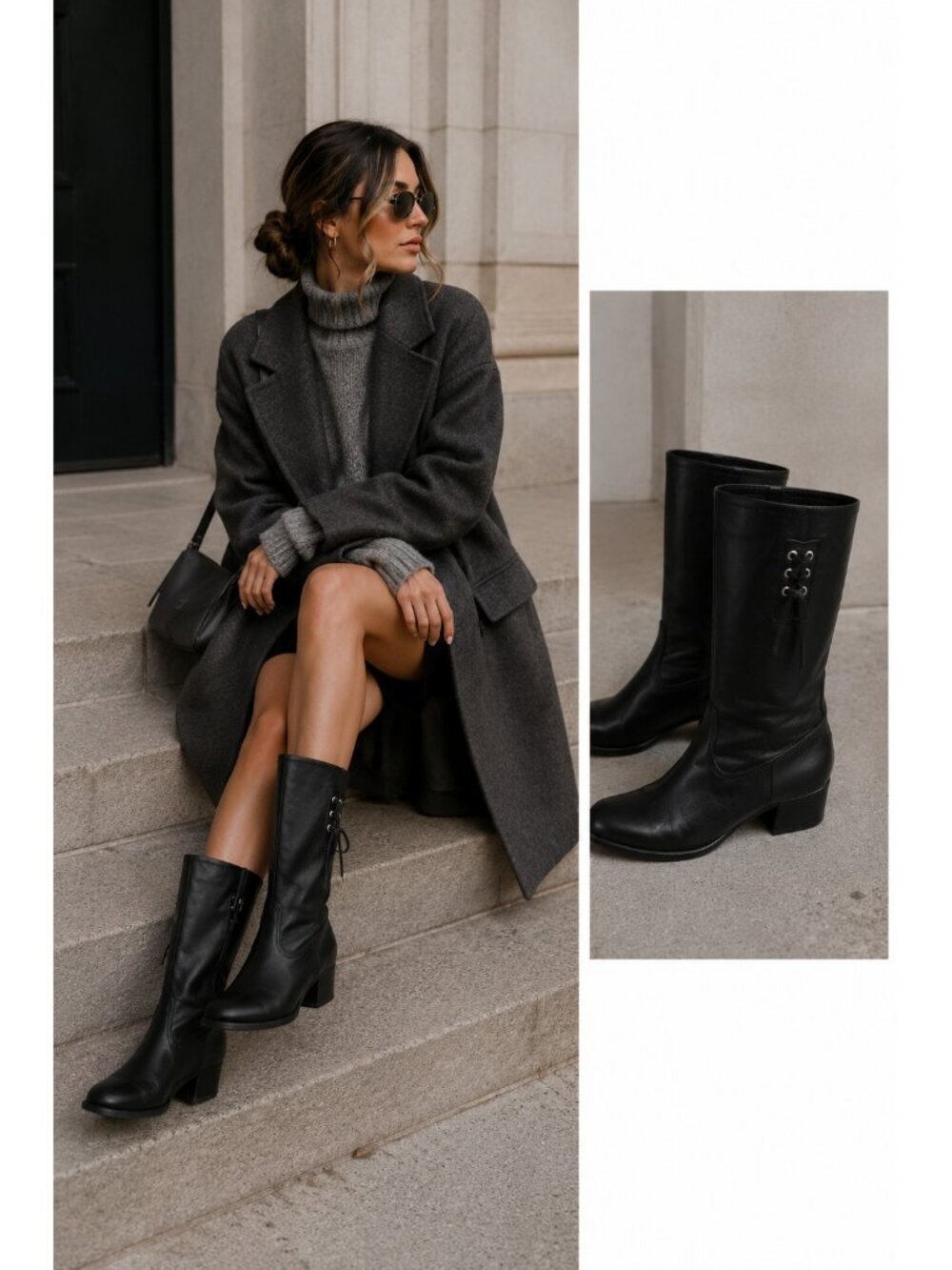 Formentini Vera Pelle Black Leather Mid Calf Boots US 8.5 Italy Block Heel